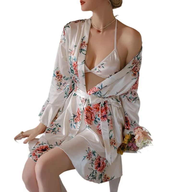 

Одежда для сна - трехцветный принт с шелковой лентой, простой верхний халат, женский комплект домашней одежды