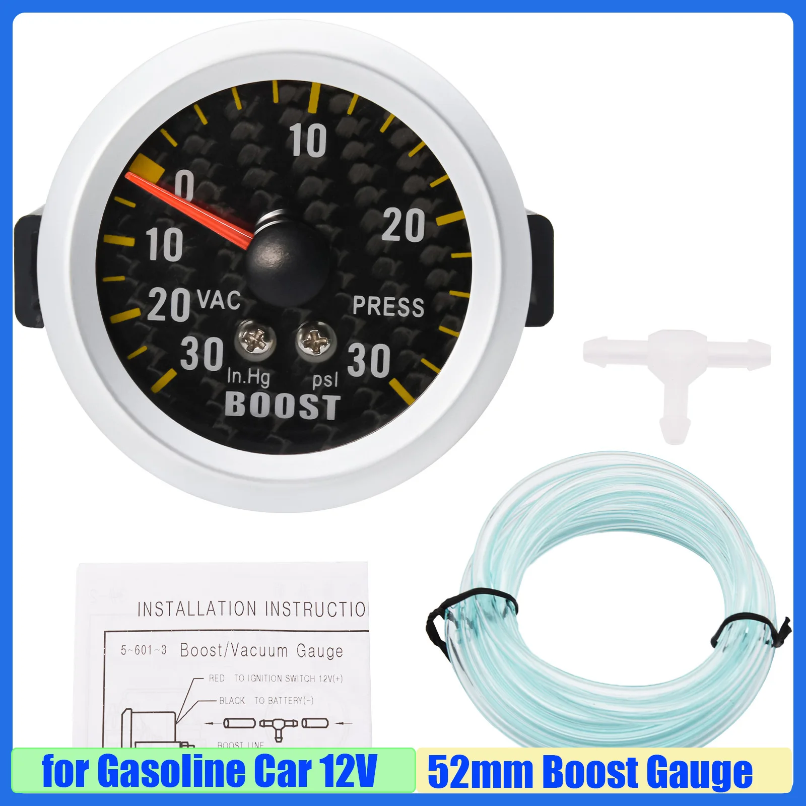 Calibro turbo boost personalizzato per auto da 2 "52 mm con sensore -30~30PSI Turbometro Luce LED bianca per auto da corsa a benzina 12V