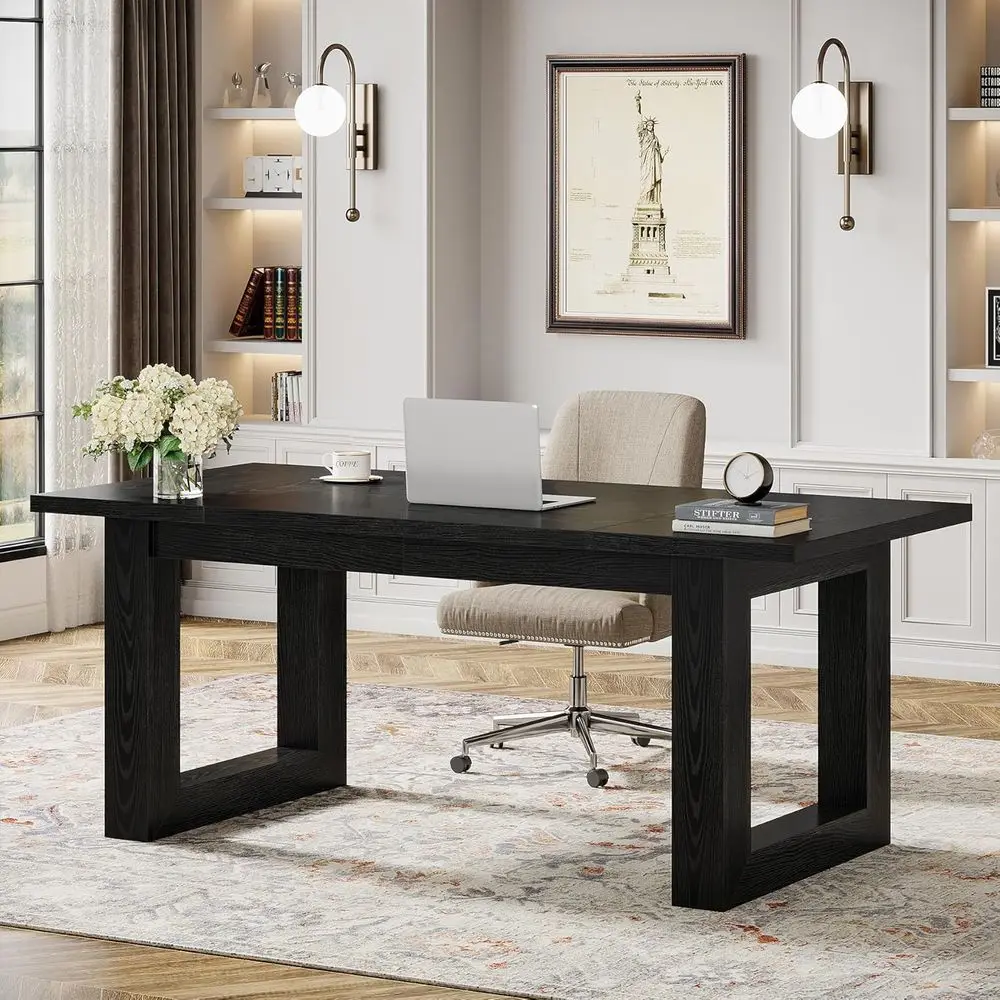 Large 63 Solid Wood Executive Office Desk, Spacious Computer Table for Home or Work, Black