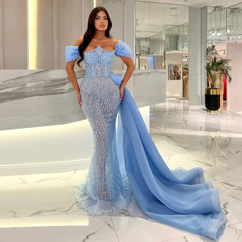 

Sky Blue Mermaid Evening Gowns Lace See Through Sweep Train Prom Dresses Saudi Arabia Robe De Soiree Women Formal Accasion Wear