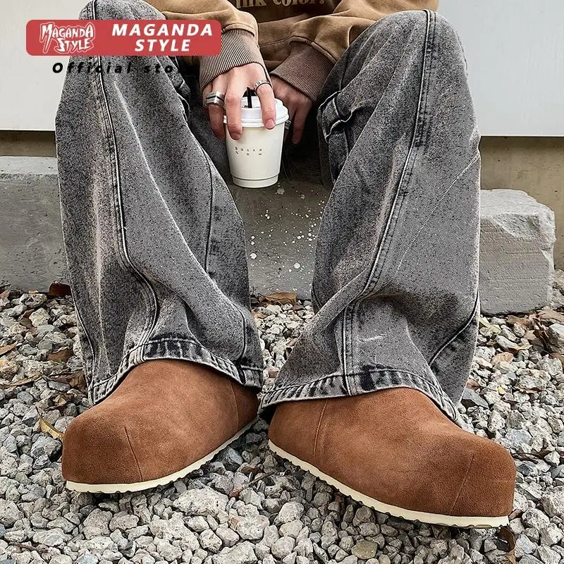 Anti suede leather toe slippers for winter warmth lazy people Boken shoes with plush big head bread shoes for men
