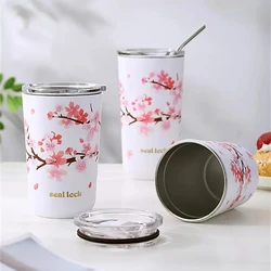 1pc 304 Stainless Steel Ins Hands-on Cup Straw High-value Girls Milk Tea Coffee Cup Anti-fall Water Bottle Water Cup Cherry Blos