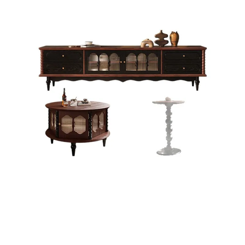 

French, retro, solid wood, TV cabinet, coffee table, medium and ancient style, combination, small apartment