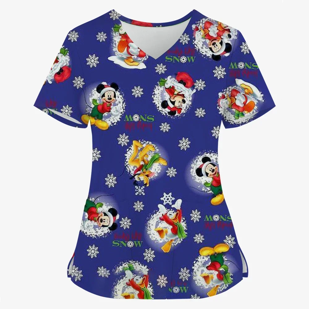 Women's Christmas nurse uniform, Mickey Mouse and Disney Minnie print top, pocket monkey, uniform, nurse shirt