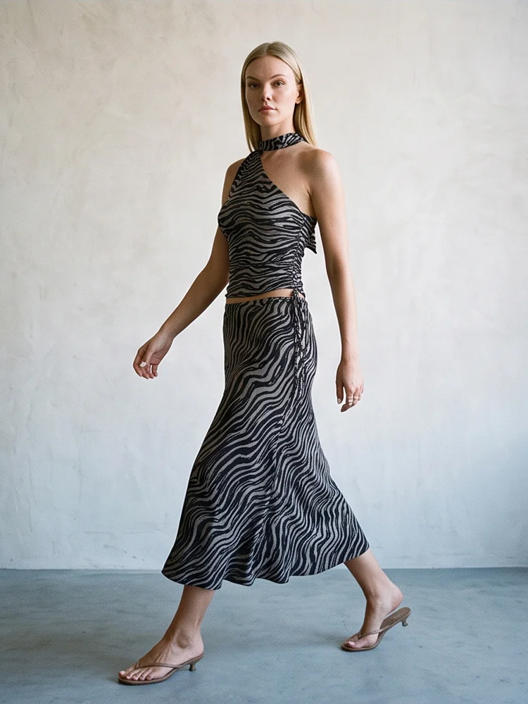 Chic Women Zebra Print Two Piece Outfit One Shoulder Sash Crop Top High Waist Midi Skirt Mesh Fabric Sexy Holiday Party Suit