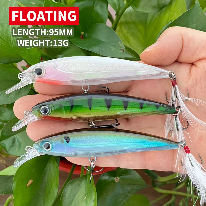 

Minnow Fishing Lure Topwater 95mm 13g Laser Jerkbait Isca Artificial Feather Hook Carp Trout Wobblers Fishing Bait 9217