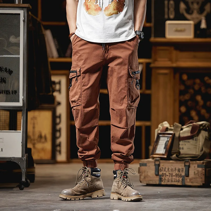 

2025 New Fashion American Style Men's Solid Color Casual Trendy Outdoor Multi Pocket Jogger Trousers Male Elastic Cargo Pants
