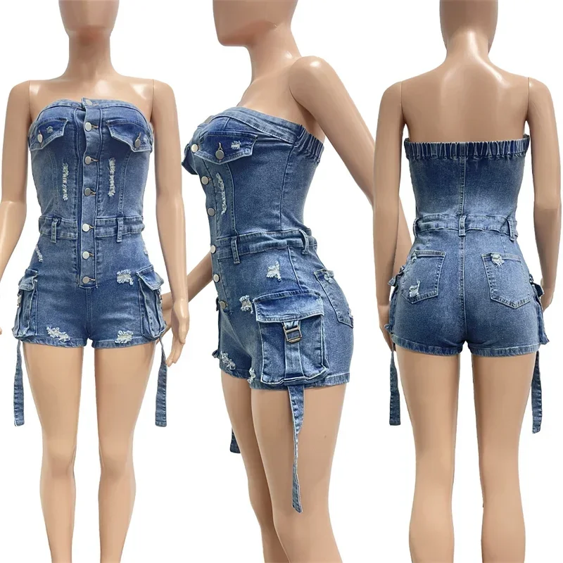 Ripped Loch Denim Strampler Frau Overall Kurze Liebsten Multi-tasche Einreiher Ein Stück Overall Jean Combishort Femme
