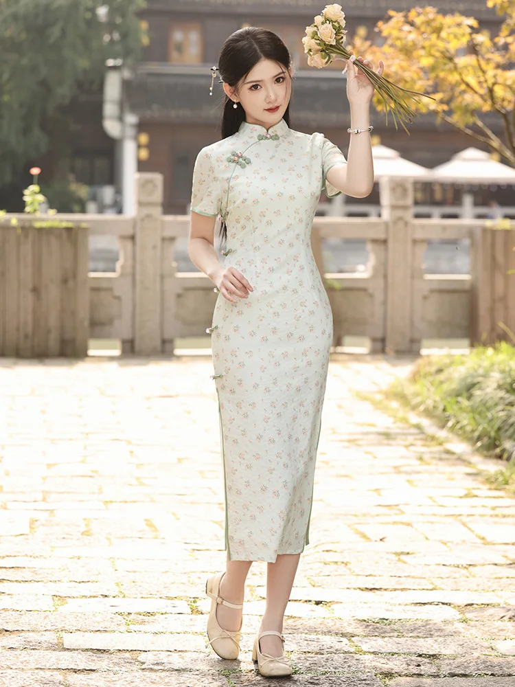 Traditional Chinese Printed Satin Lady Qipao Sexy Slim Split Cheongsam Vintgae Classic Oriental Costume Dress