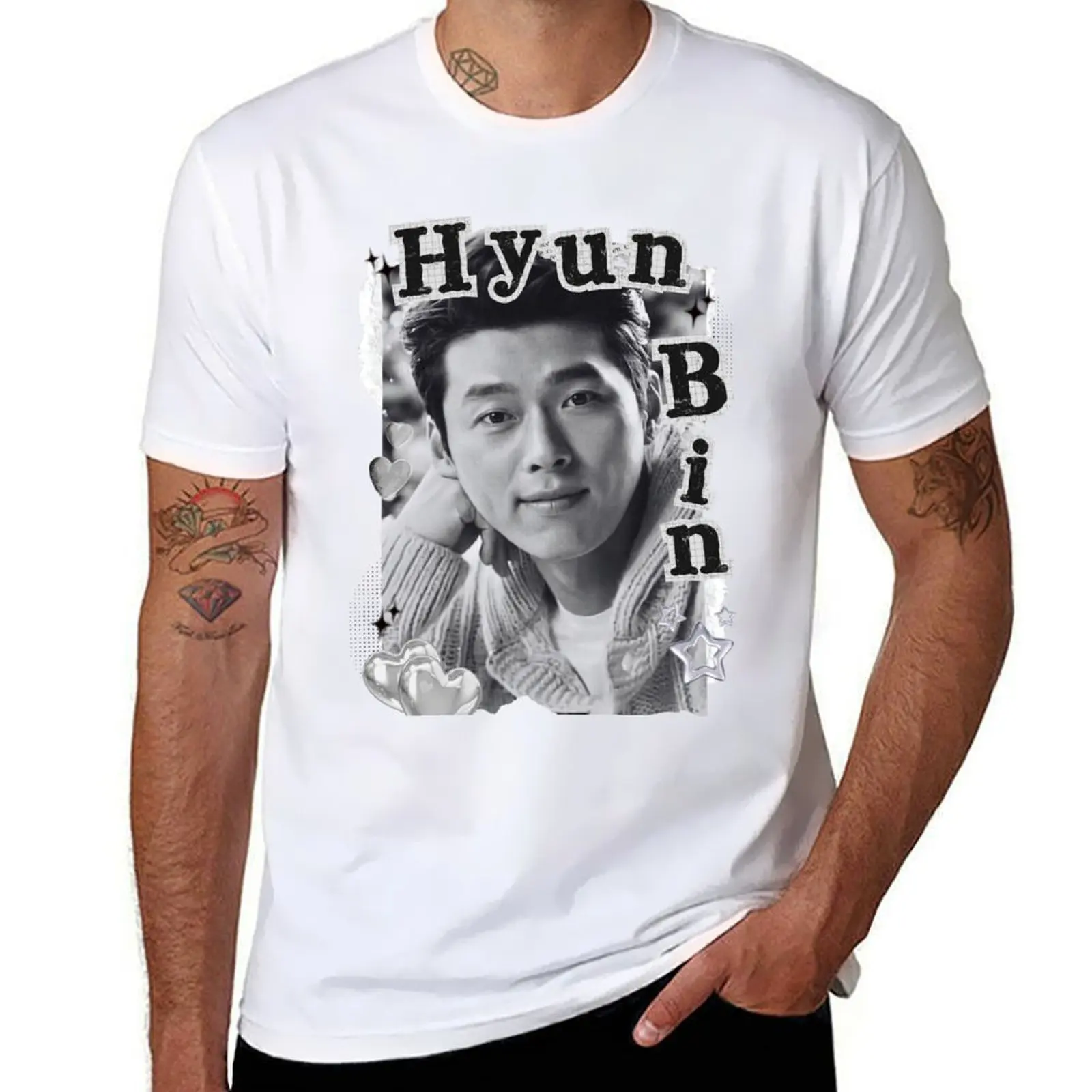 Hyun Bin Collage: Striking Black and White Art T-Shirt cotton t shirts man 100% t shirt custom print T-Shirt