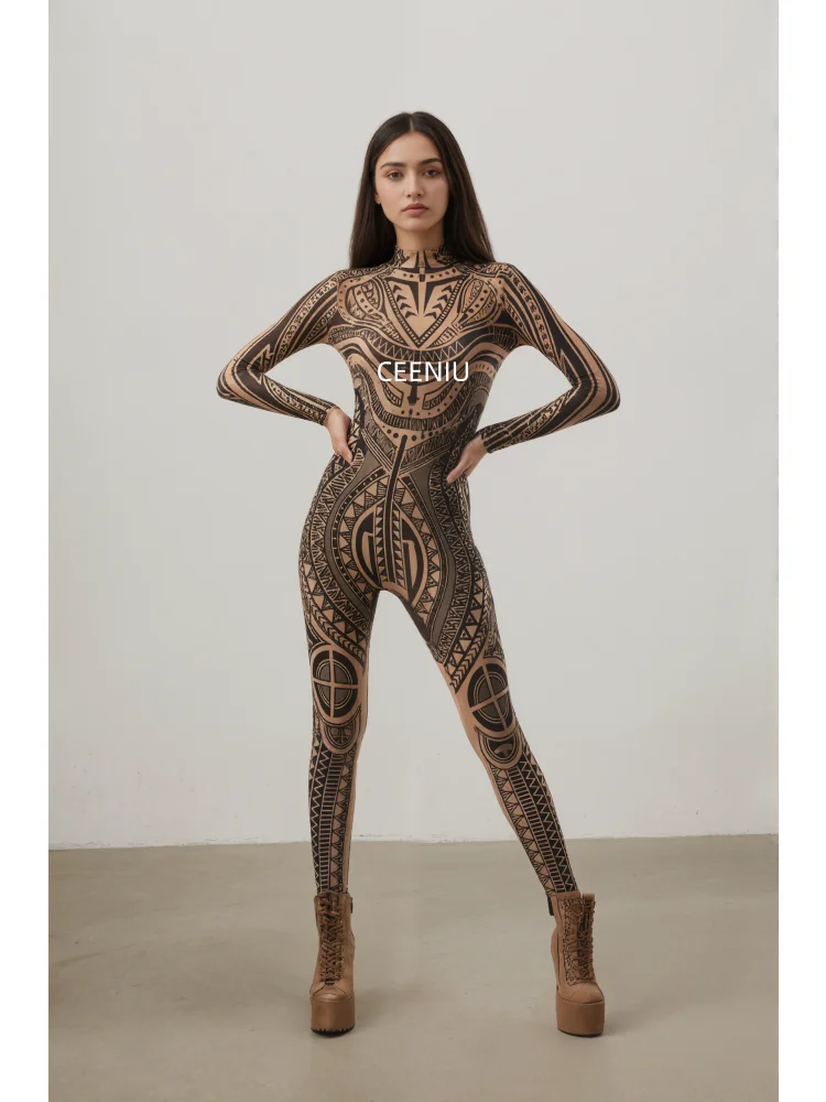 Fox Fur Print Bodysuit Women 3D Animal Costume Asymmetry Colorful Checkerboard Clown Cosplay Holiday Rave Performance Jumpsuit