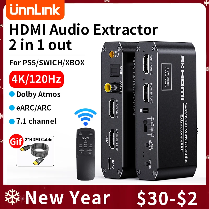 

Unnlink HDMI Audio Extractor Splitter Switcher 4K 120Hz eARC /ARC 2 In 1 Out With SPDIF Optical Coaxial Aux for PS5 Xbox Switch