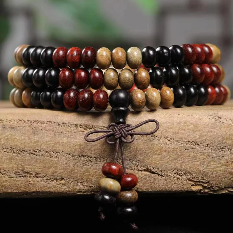 Natural Tricolor Wooden Bracelet 8mm Elastic Ebony Mahogany Bracelet Wooden Bead Lucky Carving