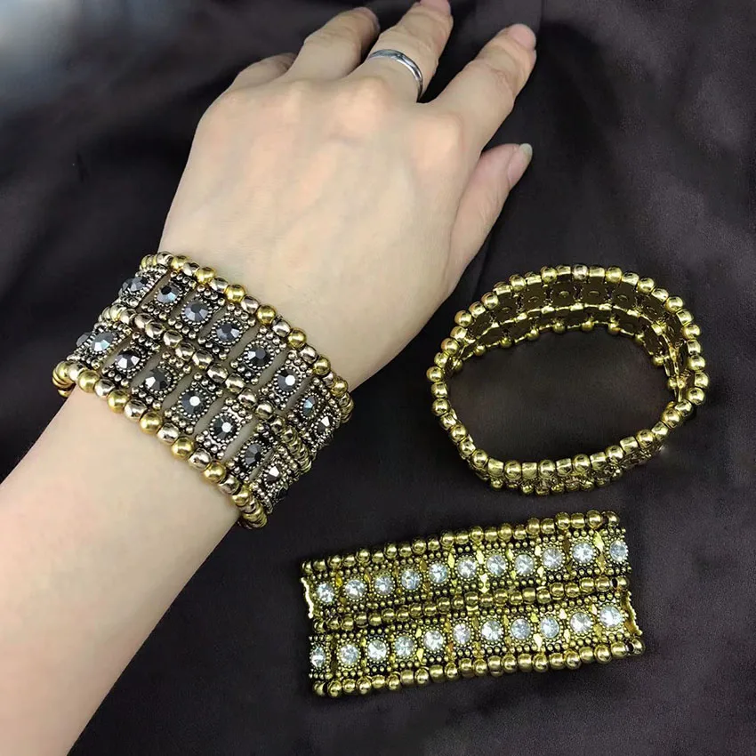 Fashion Luxury Elastic Bracelets for Women Antique Golden   Inlaid Rhinestone  Wide Hand Decoration