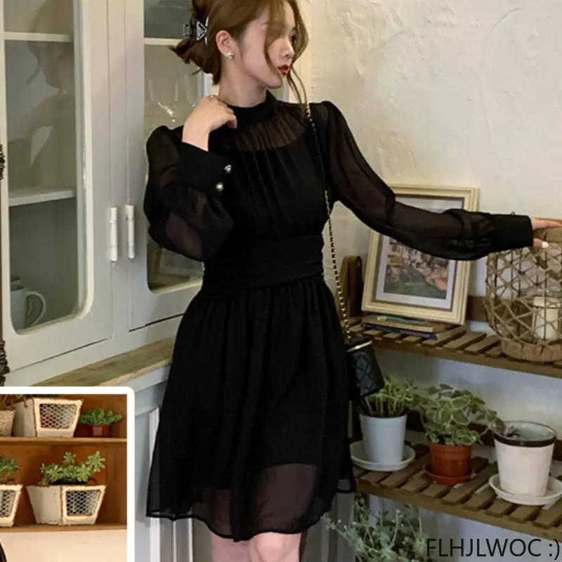 2023 New Chic Elegant Annual Meeting Black Mesh Sheer Dress Fashion Women Stand Collar French Design Long Dresses Vestidos