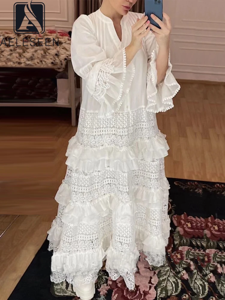 

AELESEEN Runway Fashion Lace Dress For Women Spring Autumn Flare Sleeve V-Neck Ruffles Hollow Out Brown White Black Vintage Long