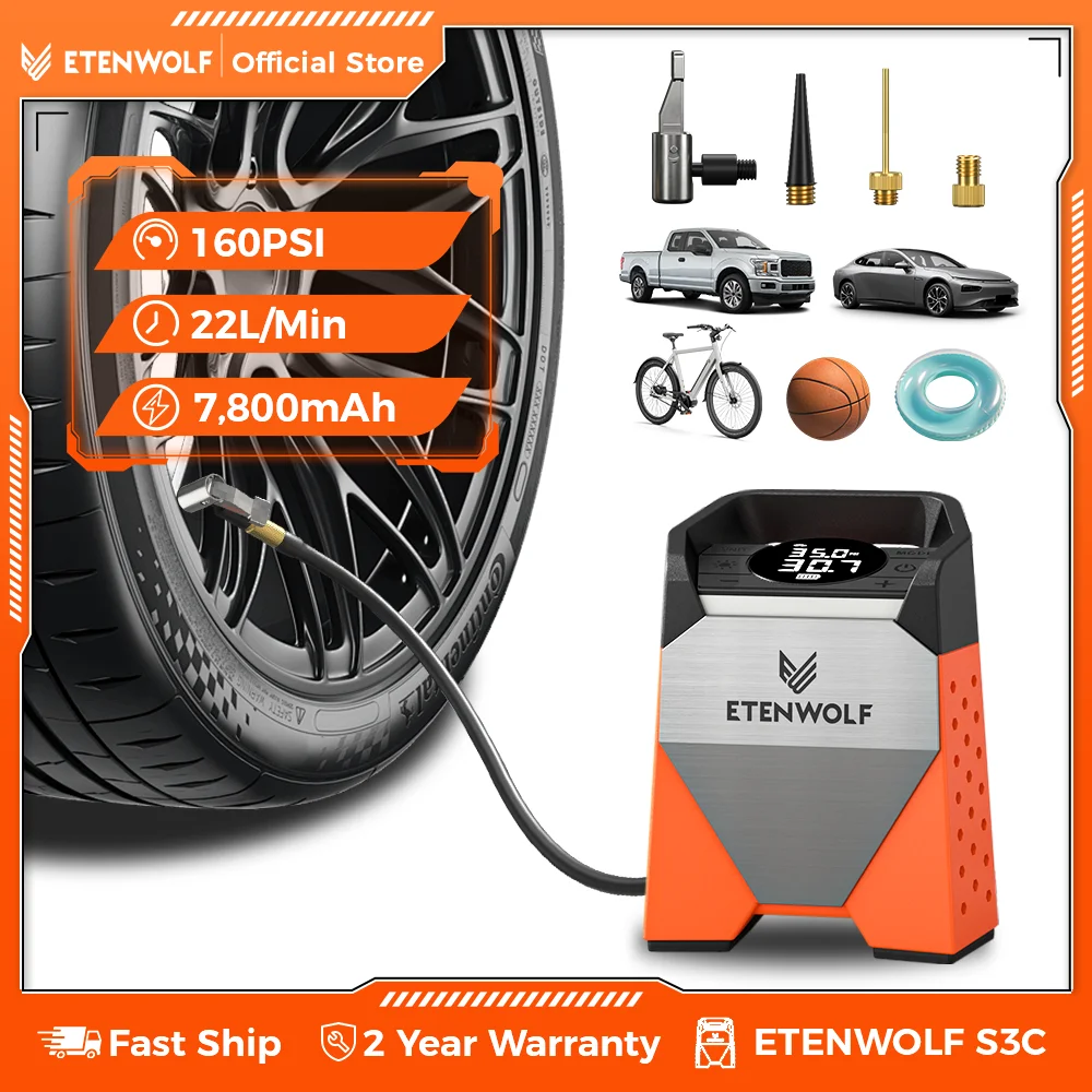 ETENWOLF S3C 車のコンプレッサー 7800mAh 160 PSI ポータブルタイヤインフレーターポンプ電気ワイヤレスタイヤエアポンプツール Powerbank LED