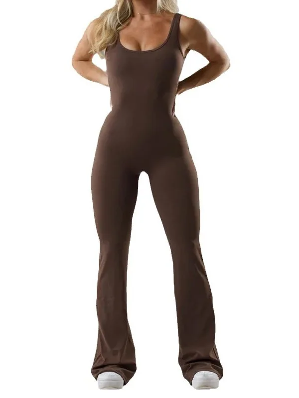 2025年夏向けレディースカジュアルスリムフィットジャンプスーツ、ホロースリット入りロングパンツ、ミドルウエスト、快適なワンピーススーツ