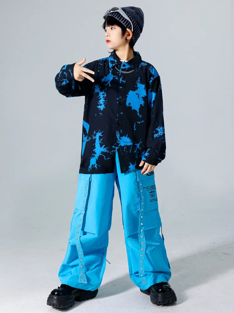 Jungen K-pop Street Dance Sets Tie-dye Hemd Cargo Hosen Mädchen Hip Hop Blau Jogger Kinder Kleidung Kinder jazz Streetwear