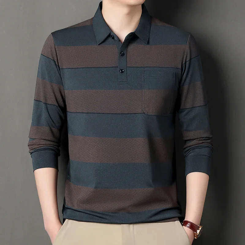

New Spring and Autumn High End Striped Long Sleeved T-shirt for Men Spring and Autumn Cotton True Pocket Collar Top