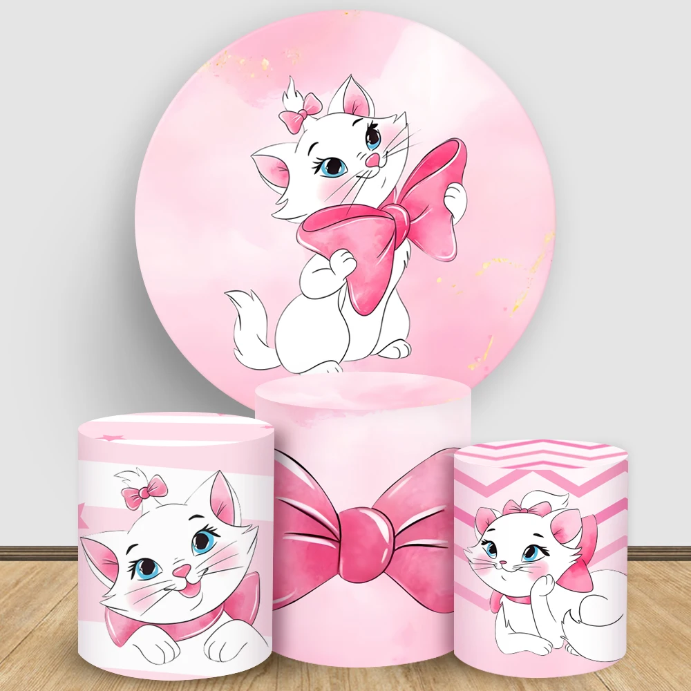 

TB Marie Cat Round Backdrop The Aristocats Theme Cake Table Cylinder Cover Pink Girls Birthday Party Decor Photograph Background