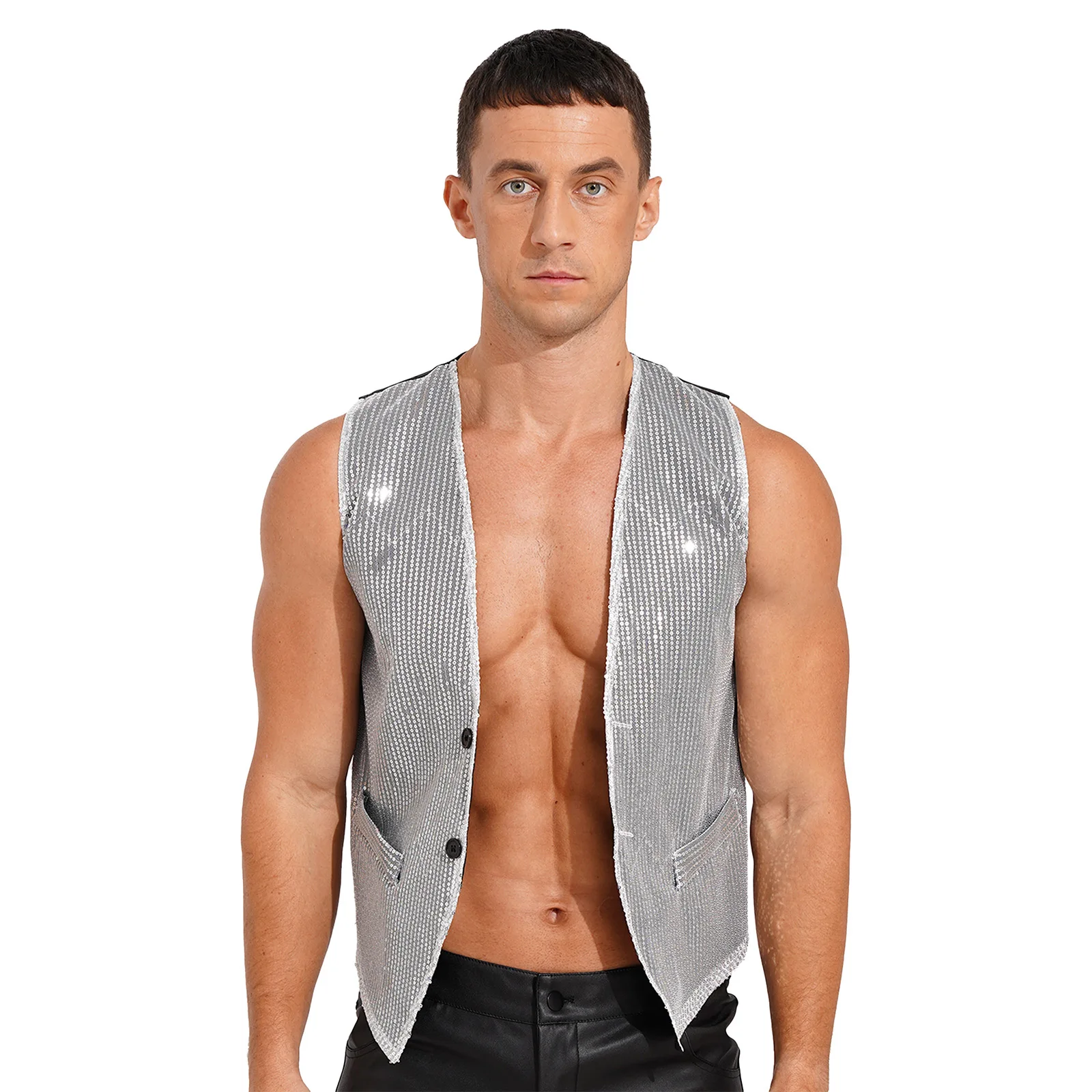 

Shiny Sparkling Vest Cardigan Waistcoats Men Women Sleeveless Patchwork Dance Party Club Disco Raves Stage Performance Costume
