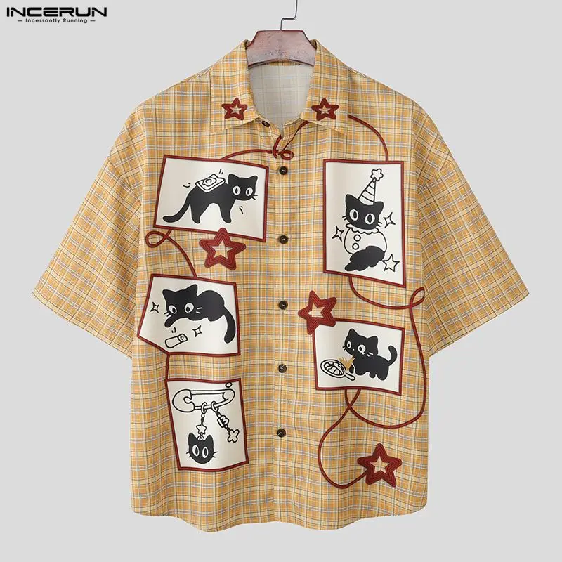 

INCERUN Men Shirt Plaid Patchwork Patchwork Lapel Short Sleeve Men Clothing Loose Korean Style 2026 Summer Fashion Male Shirts