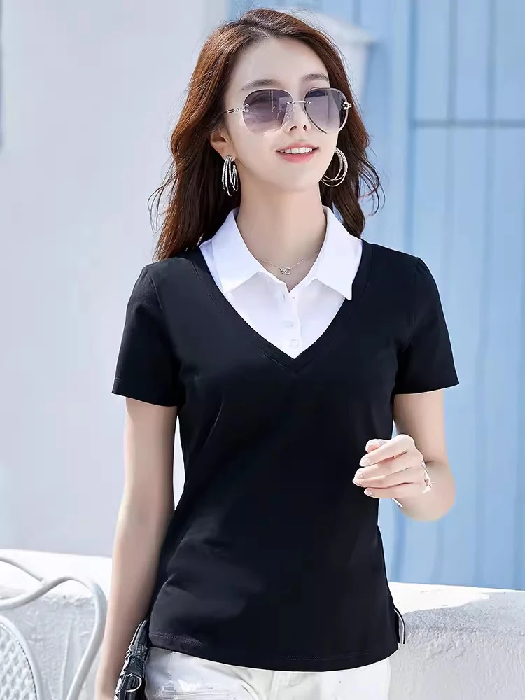 New Women Summer Short Sleeve T-shirt Fashion Patchwork Contrast Color Turn-down Collar Loose Tees Simplicity Casual Polo Tops