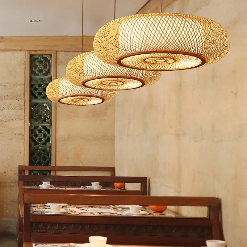 2026 Designer's New Chinese Style Rattan Bamboo Woven LED Pendent Lamp Living Room Bedroom Rural Creative Decorative Lighting