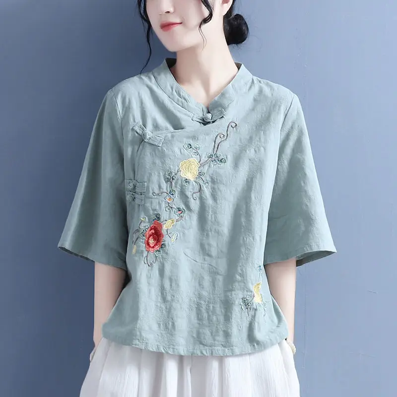 

2026 Summer Cotton Linen Chinese Style Embroidered Short Sleeve Shirt Women Stand Collar Tea Clothing Vintage Women Hanfu Tops