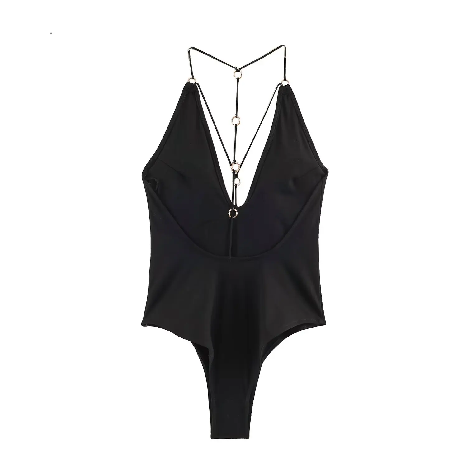 BSAY 2026 Women Fashion Black High Cut One Piece Swimsuit Deep V Neck Metal O Ring Back Tie Halter Bodysuit Sexy Beach Swimwear