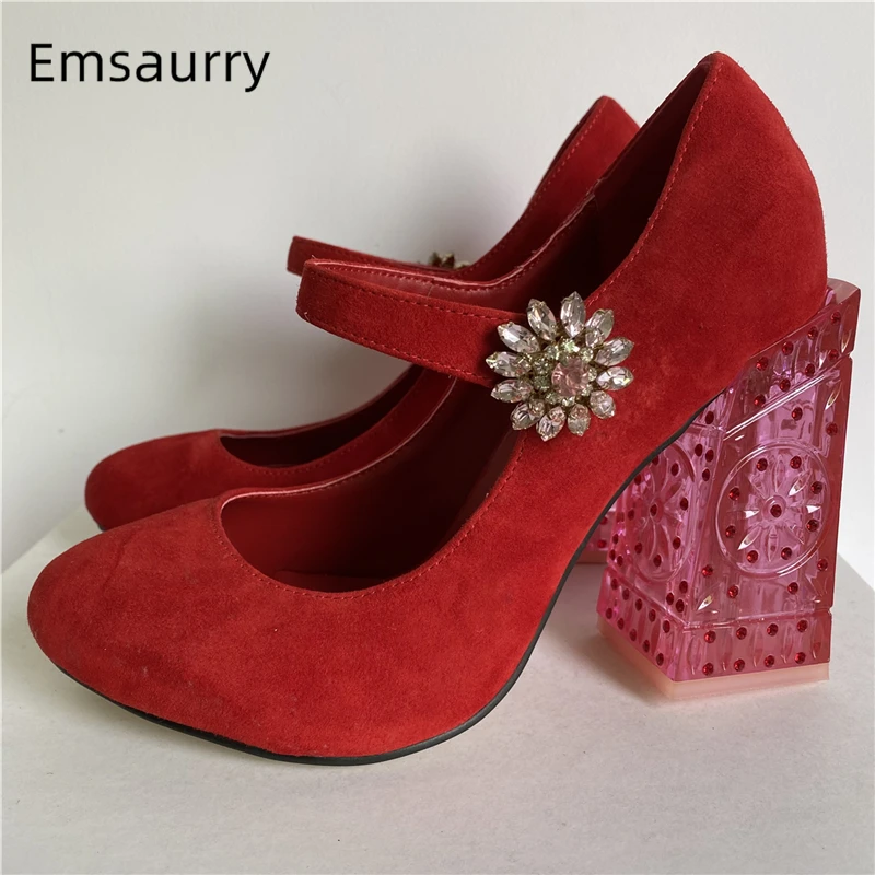 

Multicolor Luxury Suede Banquet Shoes Woman Diamond Rhinestone Square Chunky Heel Buckle Belt Spring Women Pumps