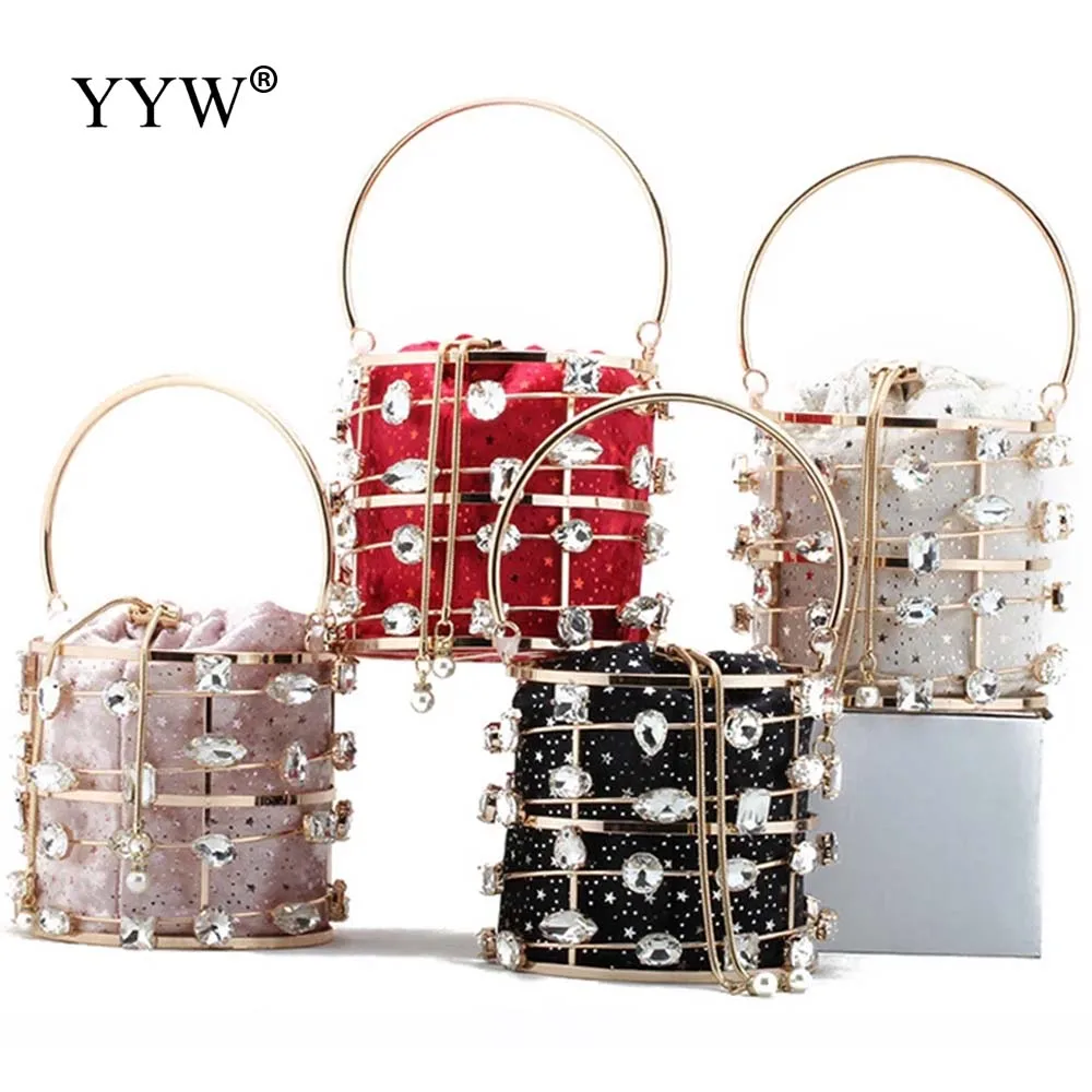 Crystal Basket Evening Bag Women Luxury Flowers Beaded Metallic Cage Pink Clutch Handbags And Purses Wedding Party Bolsos Mujer