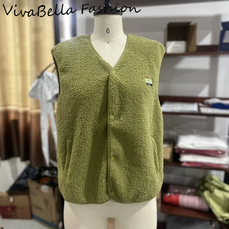 

Women Sleeveless Polar Fleece Vest Pocket Single Breasted Coats Long Sleeve Zipper Jackets 2025 Autumn Solid Casual Outwear