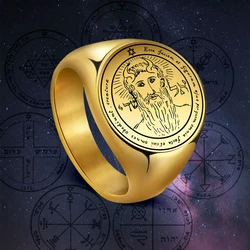 EUEAVAN Stainless Steel Key of Solomon Seal Rings Gold Color The First Pentacle of Sun Men Ring Wealth Good Luck Amulet Jewelry