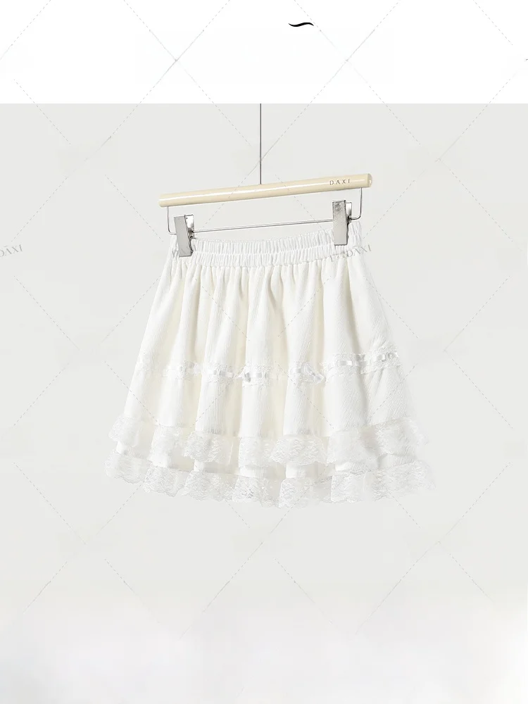 

High Waist Lace Half Skirt Women's Style Spring New White Cake Skirt Flared Polyester Fiber Korean Style Bridesmaid Skirt