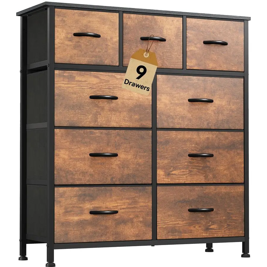 

Dresser with 9 Drawers Fabric Storage Tower, Organizer Unit for Living Room, Hallway Sturdy Steel Frame, Wooden Top amp Easy Pul
