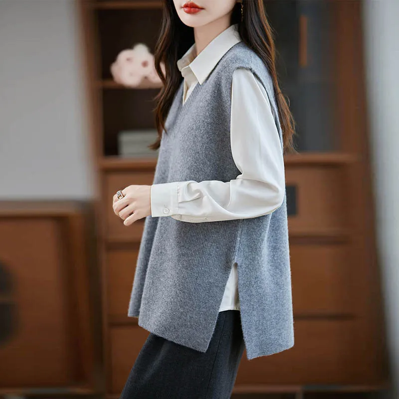 

Women V-neck Wool Waistcoat Simple Sleeveless Pullover Autumn Winter Cashmere Sweater 100% Merino Wool Knitwear Office Lady Top