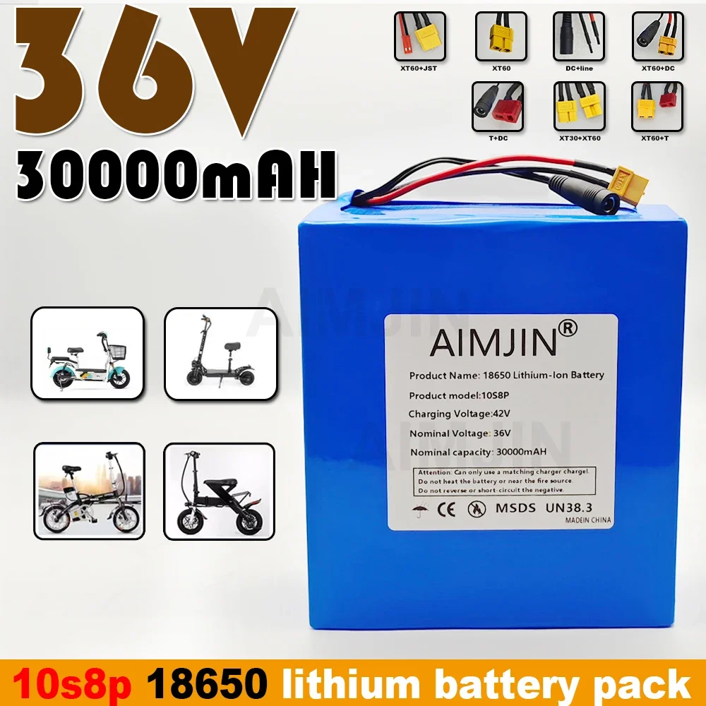 36V 30000mAh 10S8P 18650 lithium battery pack, 1000W built-in BMS, suitable for various energy storage backup+Charger