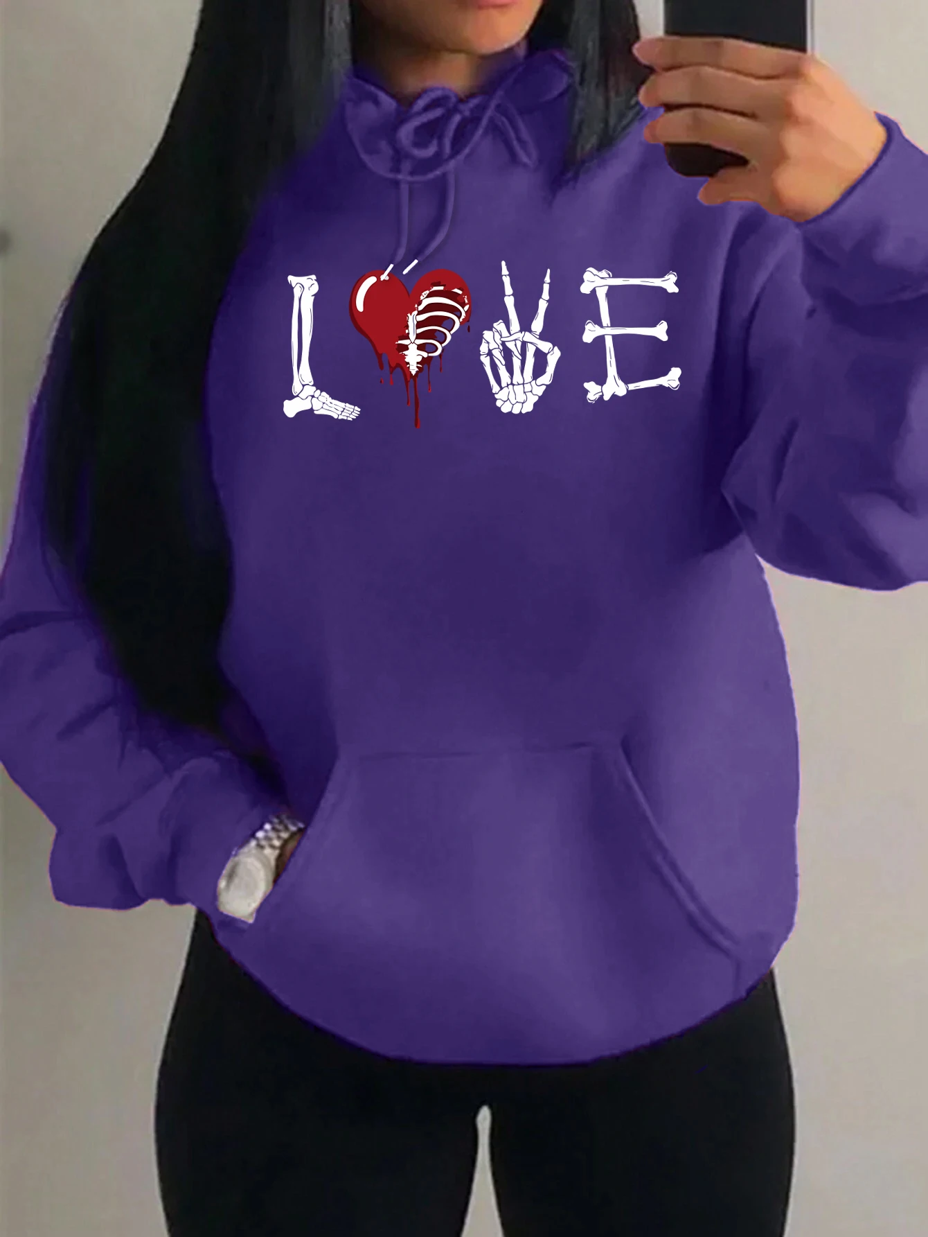 I Love Skull Hand Design Felpe con cappuccio da donna Felpa con cappuccio tascabile Hip Hop All-Match Abbigliamento sportivo casual in pile Y2K Donna Abiti autunnali