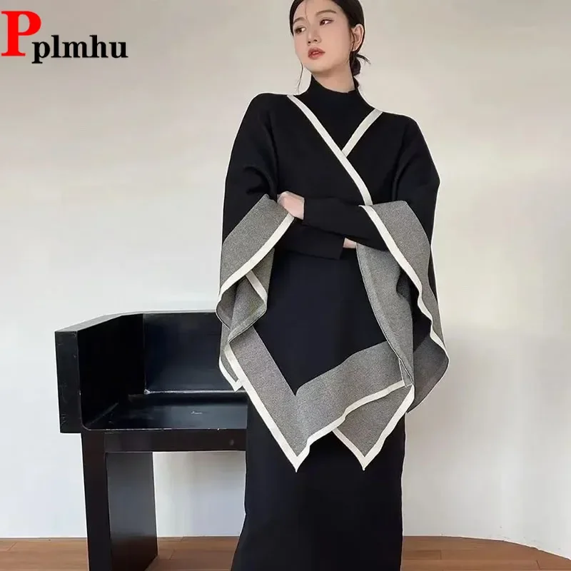 

Womens Knitted Dresses 2 Piece Sets Knit Spliced Color Shawl Cape Suit Elegant Oversize Sweater Half High Collar Dress Conjuntos