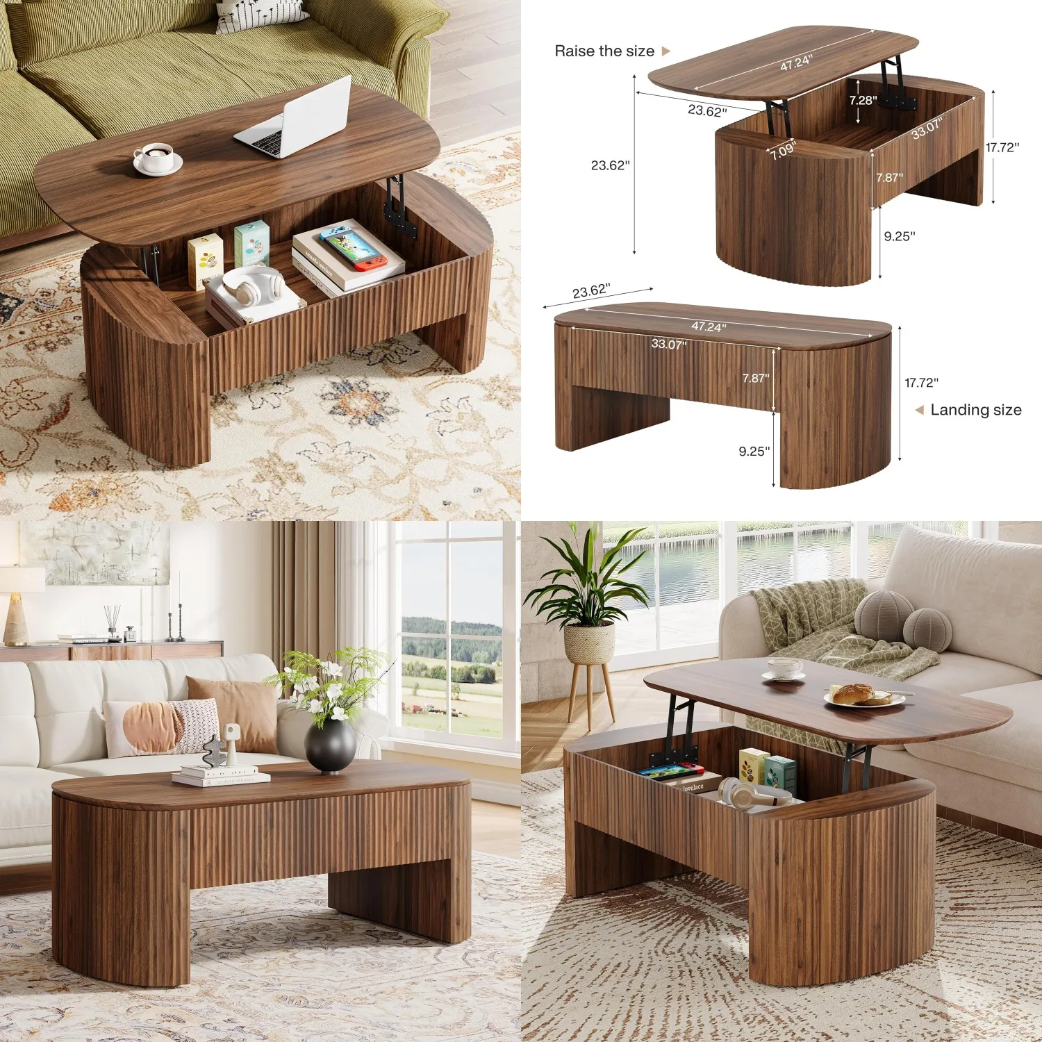 

47in Oval Lift Top Coffee Table with Storage Shelf Hidden Compartment for Living Room Rustic Brown, Customized