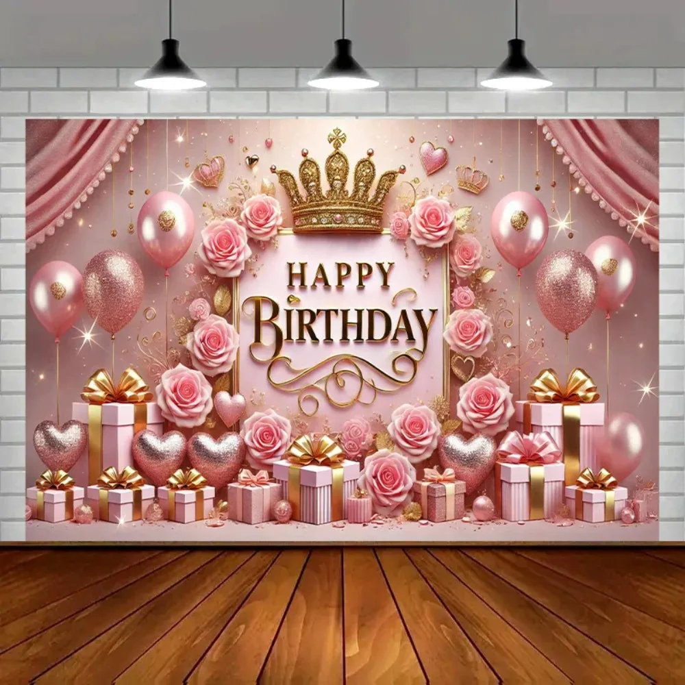 Rose Rosa Krone Thema Geburtstag Party Hintergrund, rosa Rose Ballon Banner funkelnde Erwachsene Party Dekoration Fotografie Hintergrund