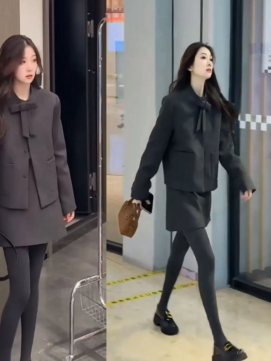 Korean Style Winter Fashion Set for Women Woolen Coat And Skirt with Bow Tie Two Piece Suit Warm And Stylish