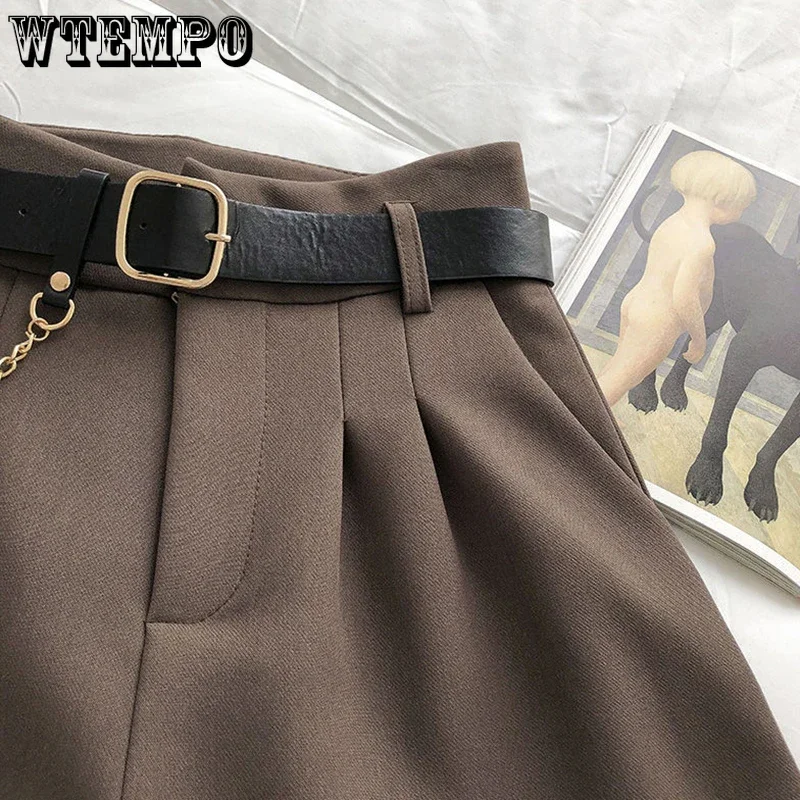 WTEMPO Spring Fall Loose Casual Thin Solid Tailored Shorts Women New Fashion High Waist A-line Wide Leg Short Pants with Belt