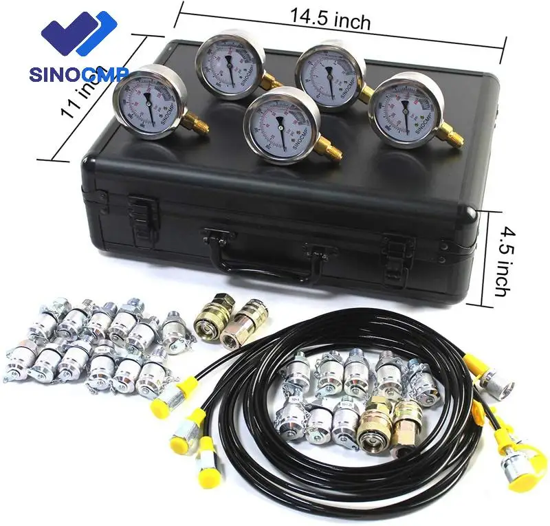 Hydraulic Pressure Test Kit with 5 Gauges 3 Test Hoses and 24 Couplings Hydraulic Test Gauge Kit Pressure Gauge for Excavators
