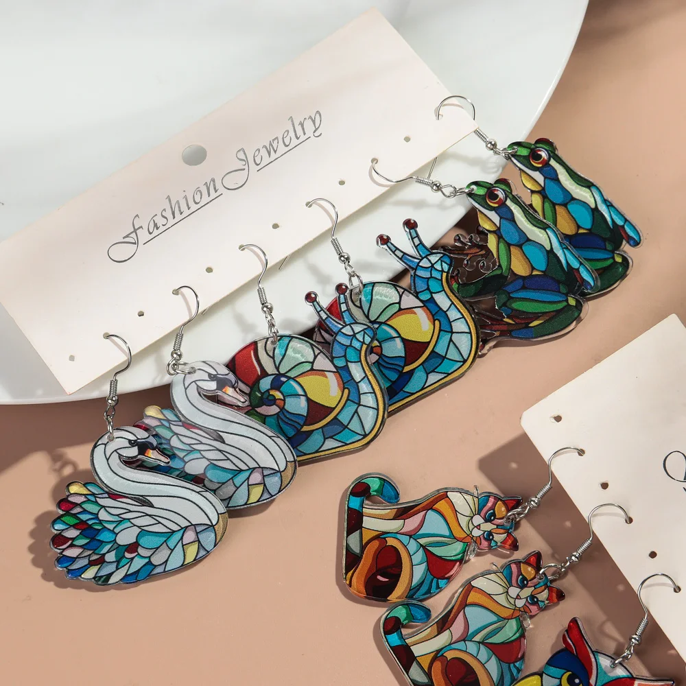 Fashion Acrylic Colorful Abstract Glass Splicing Animal Earring for Women Cute Cartoon Animals Drop Earrings 2024 Jewelry