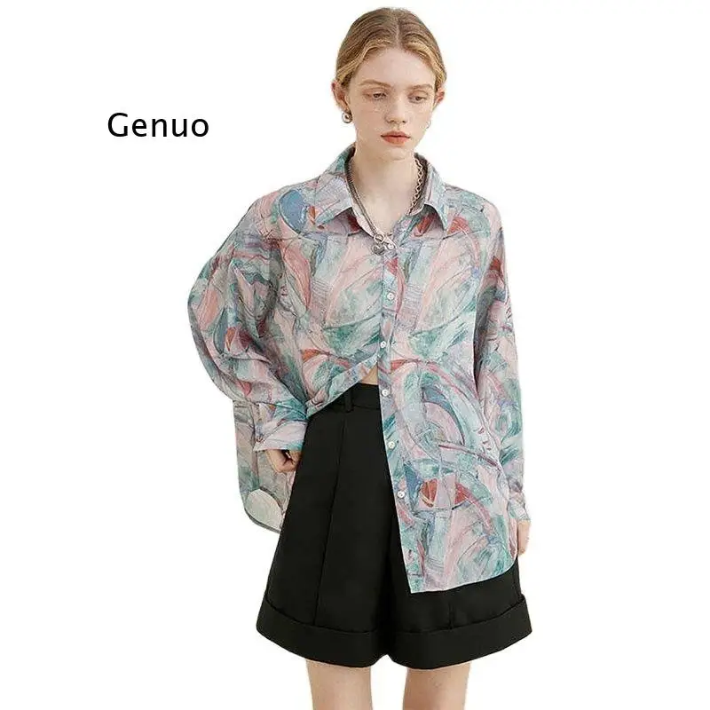 

Chiffon Women's Blouse Colorful Printing Shirt Elegant Summer Long Sleeves Casual Tops Korean Style Loose Female Clothing
