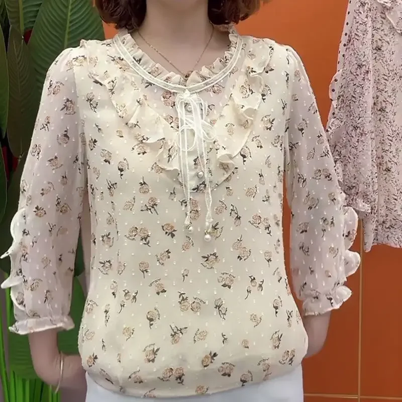 Office Stylish Ruffles Spliced Shirt Spring Autumn Flowers Printed Women's Clothing Elegant Round Neck Drawstring Blouse JJ99