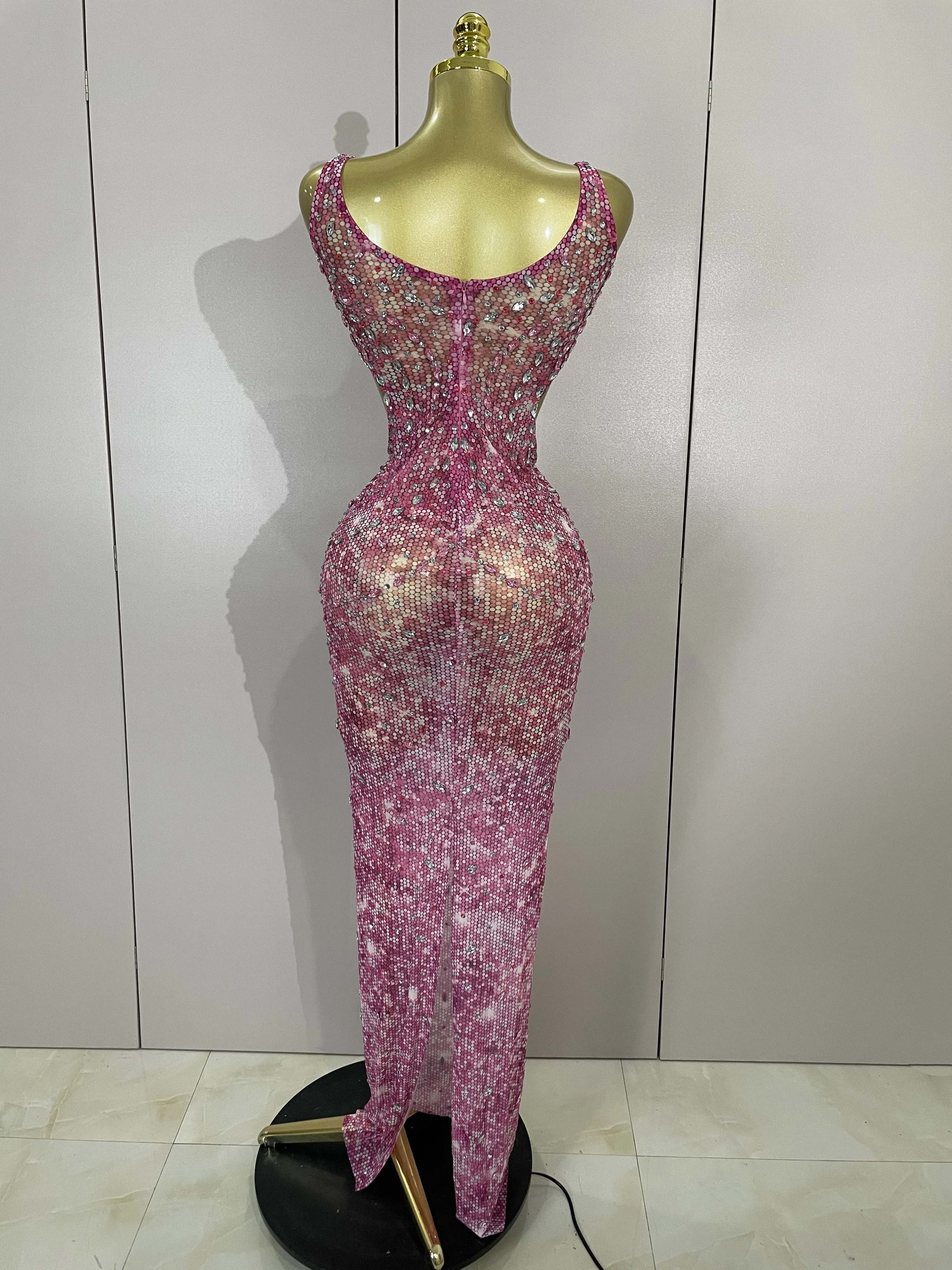 Robe longue de luxe en maille transparente pour femmes, strass scintillants, Sexy, ajouré, soirée, fête d'anniversaire, Costume de scène Nnigthclub